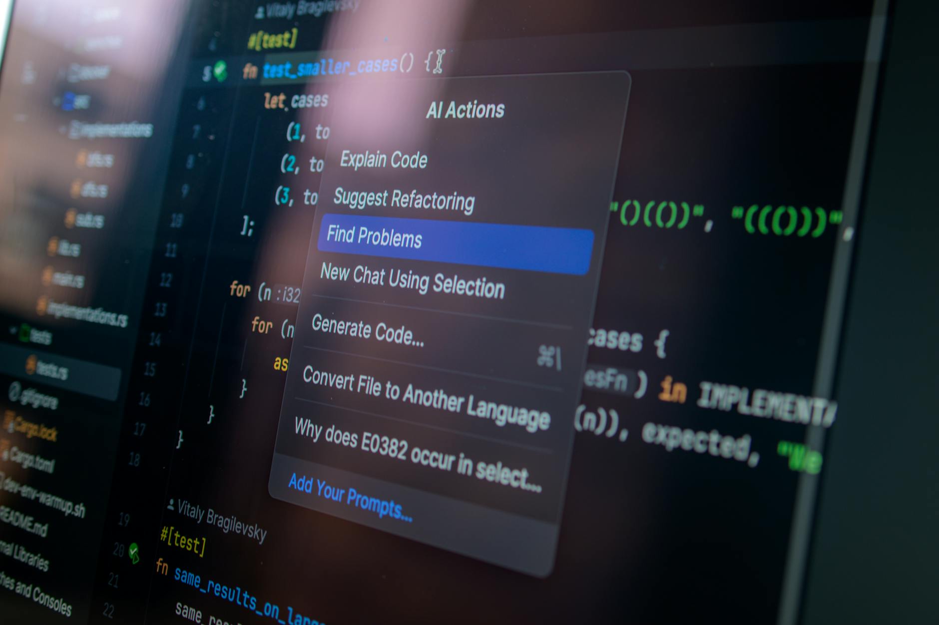 Computer screen showing AI code and interface options for modern software development
